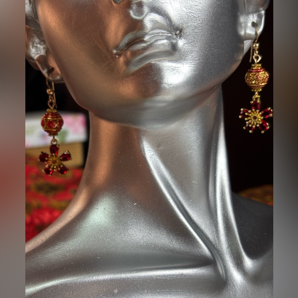 Red and Gold Cloisonné and Floral Earrings 2 inches - Picture 3 of 7
